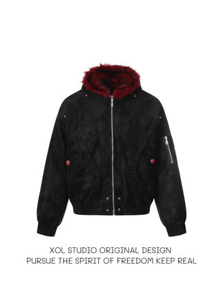 XOL 原创小众暗黑系红毛座山雕毛领连帽棉服男加厚纹理PU短款棉衣