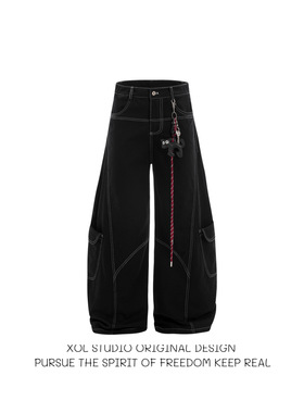 XOL 美式复古高腰显瘦解构阔腿工装裤男女宽松痞帅潮流弯刀牛仔裤
