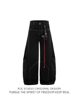 XOL 美式复古高腰显瘦解构阔腿工装裤男女宽松痞帅潮流弯刀牛仔裤