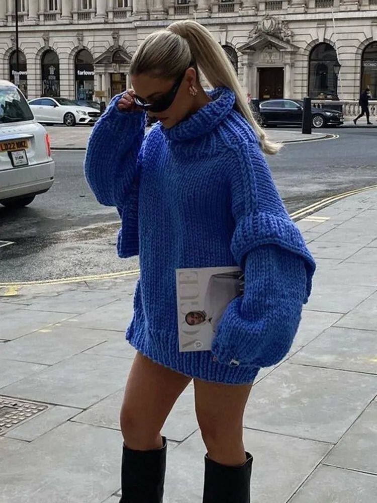 WARM TURTLENECK SLIT THICK SWEATER WOMEN CASUAL LONG-SLEEVED