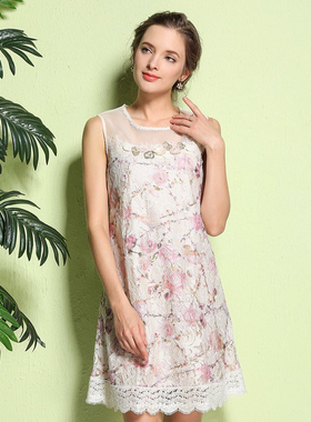 逸芙唐娜50702印花无袖连衣裙2023夏新款背心裙粉红玛丽绣花中裙