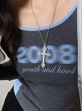 小众设计insbm同款银色十字架项链女长款雕花朋克风复古项链颈饰