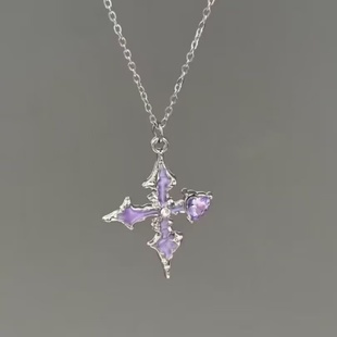 Vintage古着The Purple Cross女生项链紫色水钻十字架吊坠饰品新