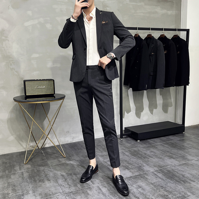 春季痞帅西装男套装韩版修身小个子休闲短款西服外套高级感九分裤
