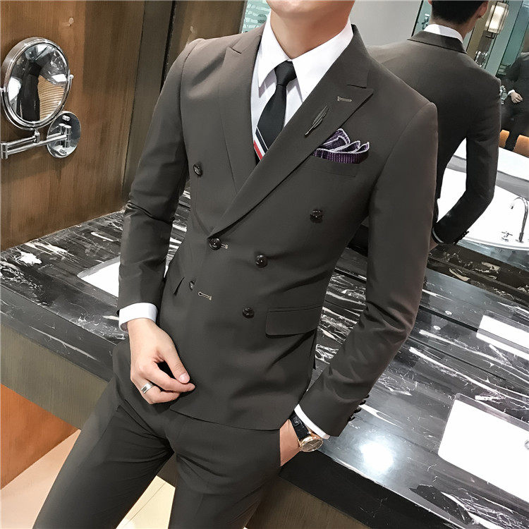 AUTUMN AND WINTER DOUBLE-BREASTED BRITISH STYLE SMALL SUIT MENS SET DECORATION BODY KOREAN VERSION CASUAL SUIT MENS GROOM WEDDING DRESS
