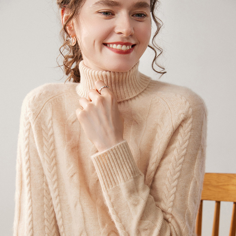 山羊绒衫女高翻领麻花纹针织毛衣加厚百搭显瘦保暖套头纯山羊绒衫