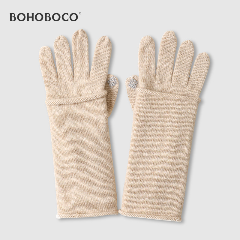 山羊绒双层有触屏针织两件套手套