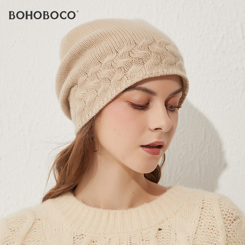 纯羊绒绞花针织帽子女秋冬保暖