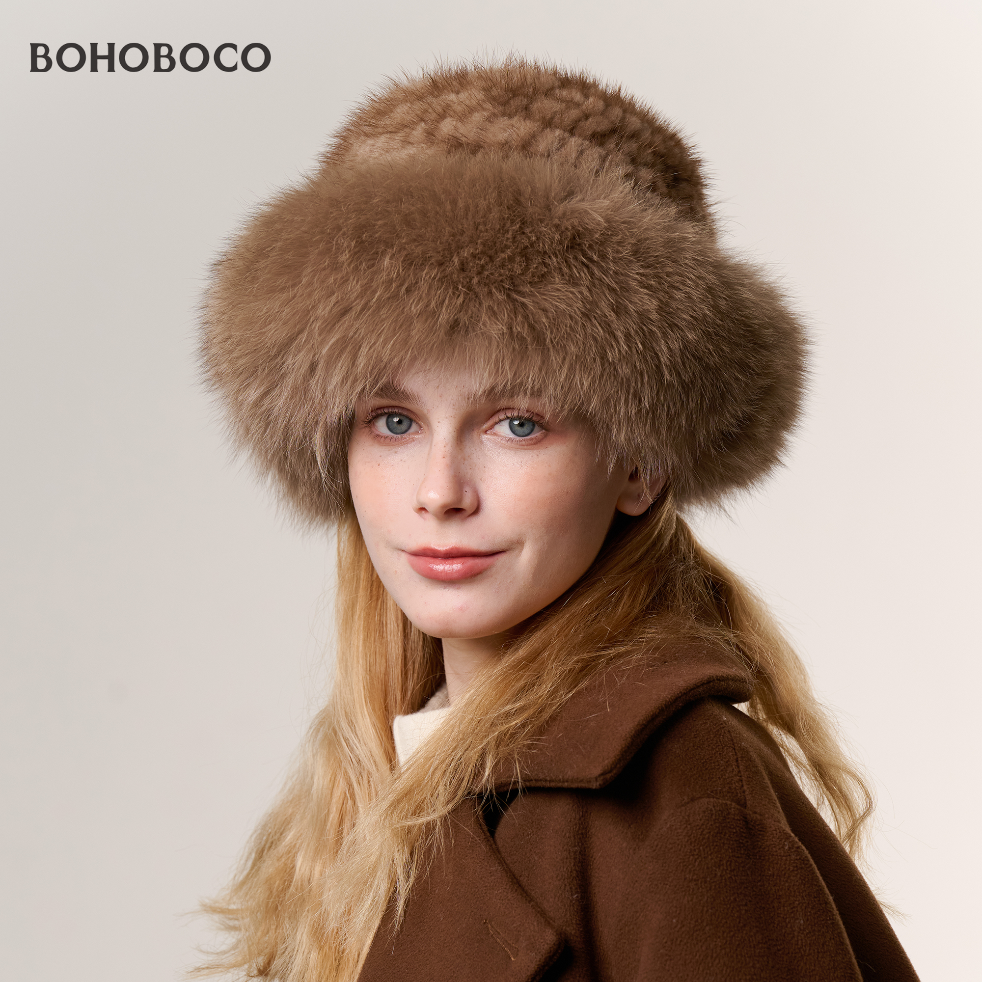 水貂毛手工编织狐狸毛圈盆帽