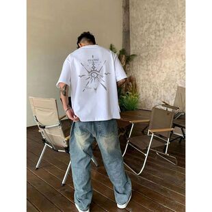 纯棉街头风白色图案短袖T恤宽松印花短袖T恤男潮牌小众港风网红
