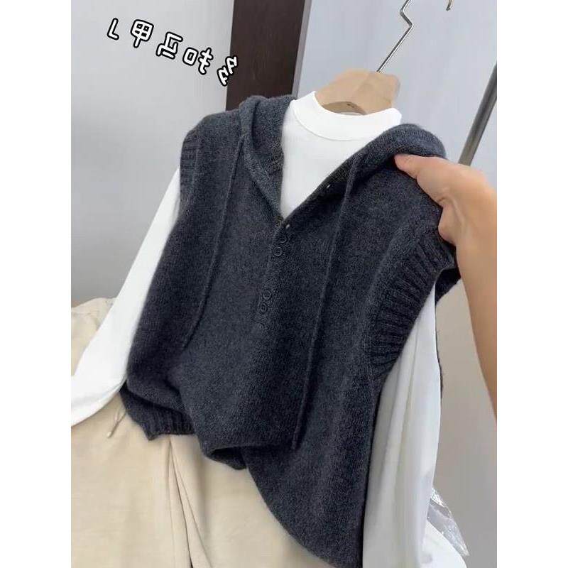 韩系毛衣胖MM好看巨女针织大码春季宽松无袖背心上衣显瘦连帽马甲