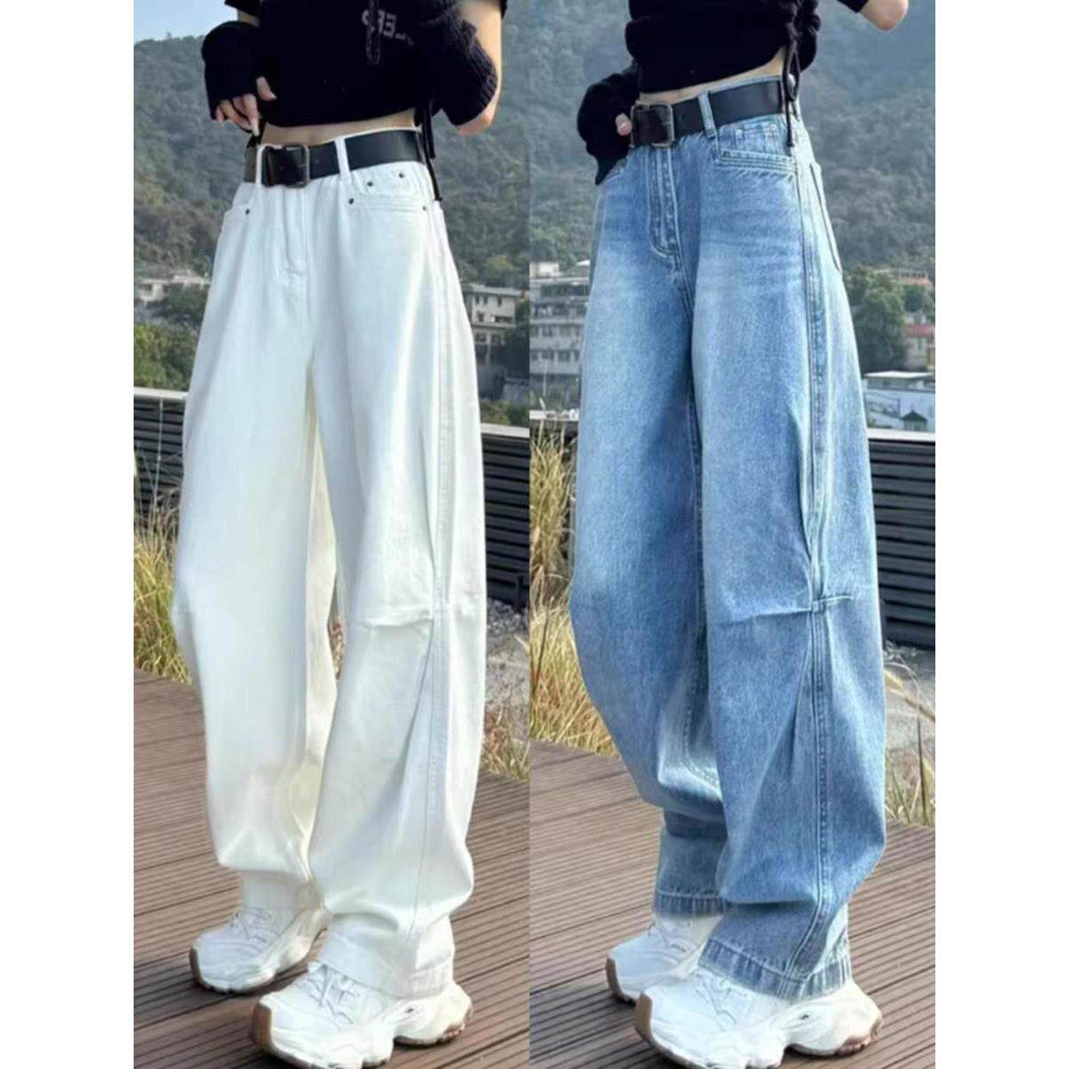 显瘦浅色裤子美式大码胖mm阔牛仔裤女宽松腿弯刀直筒2026春季高腰