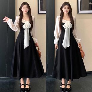 心动收腰秋冬连衣裙韩风系带拼接衬衣气质缪斯设计