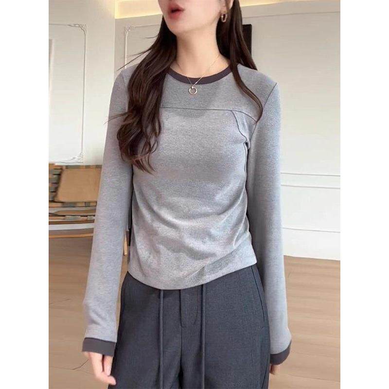 春季爆款上衣打底搭女新款纯棉圆领衫大码灰色长袖百简约T恤2026