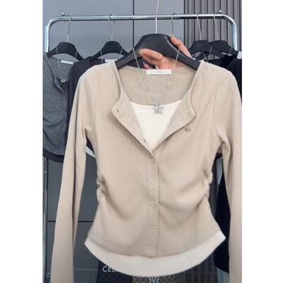 针织上衣大码长袖胖遮肉两件春季MMt休闲假显瘦正肩恤体恤女复古