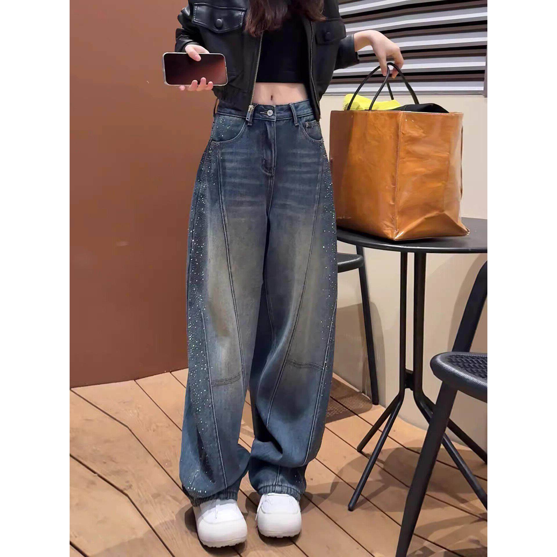 显瘦新款直筒大码女美式高腰牛仔裤钻春季阔腿弯刀2026裤子烫复古