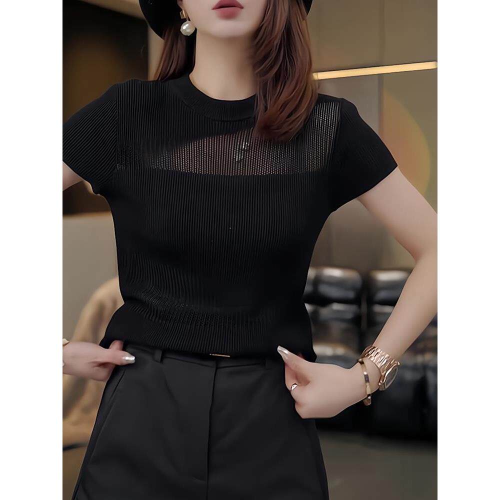 黑色镂空针织正肩修身短袖T恤女2026新款夏季御姐风情万种上衣