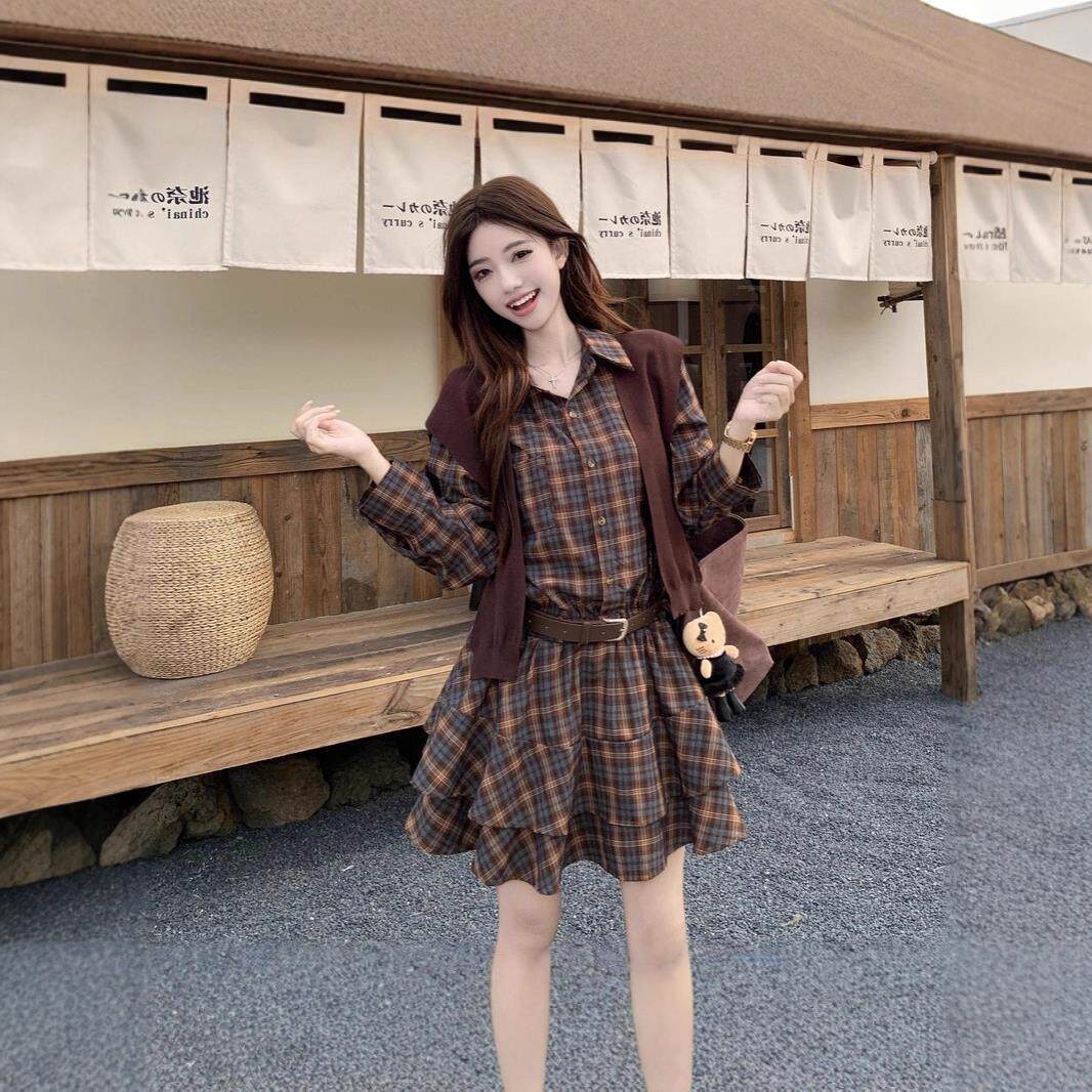 领秋冬套装复古扣衬衫Polo单排长袖大码针织连衣裙格子披肩