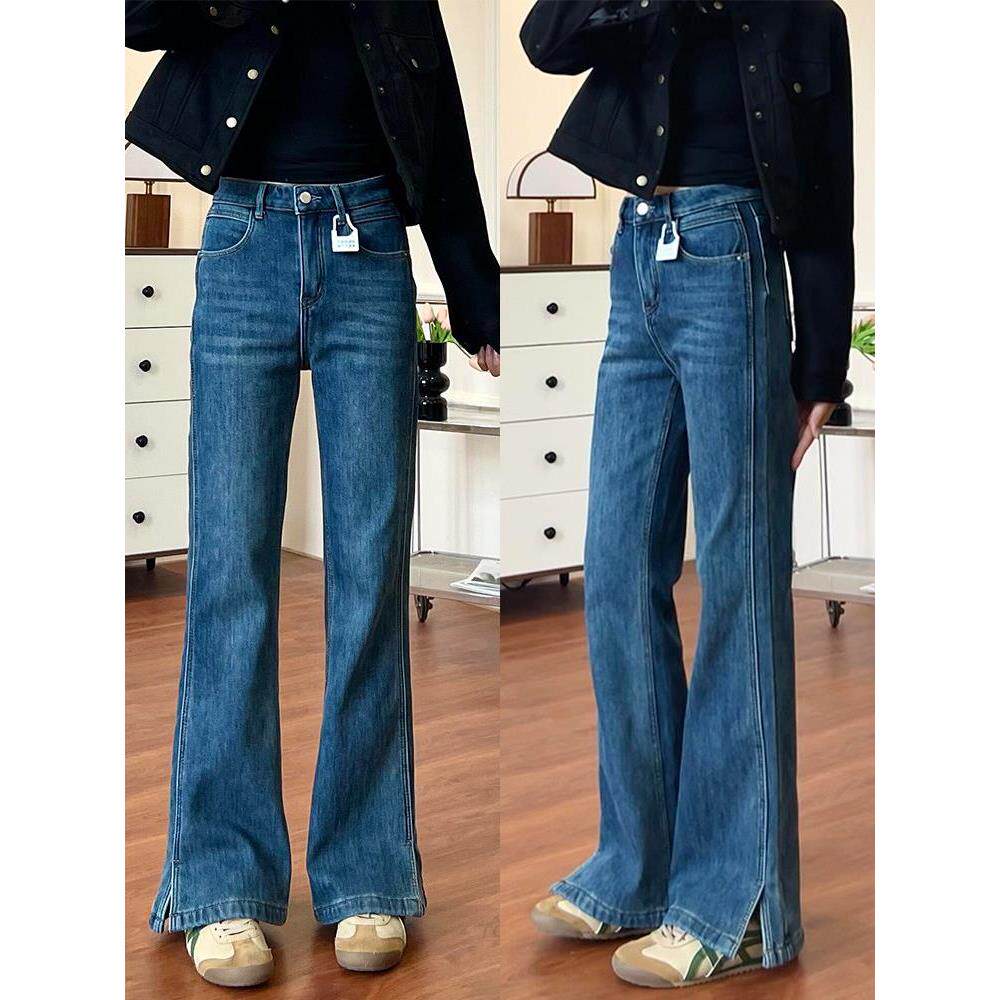 2026弹力微喇新款开叉春秋小个子牛仔裤显瘦女大码深蓝色喇叭裤子