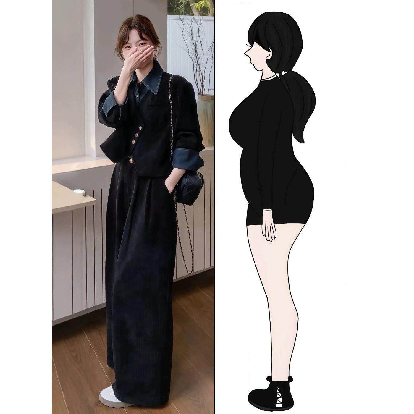 减龄女韩系春季一整套mm短款搭套装大码阔腿裤胖假穿两件复古外套