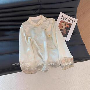 中式女新正肩国风盘扣年轻春秋人丝女长袖上衣长袖新缎面上衣中式