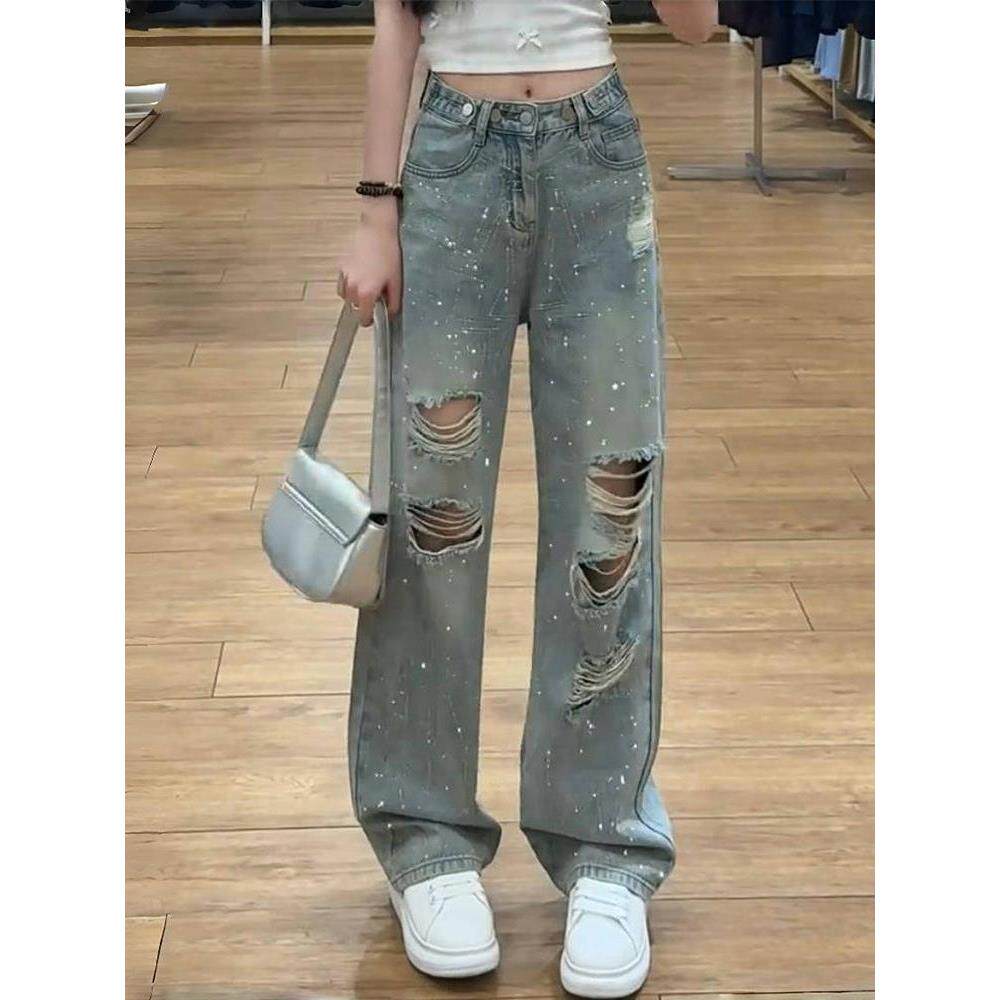 直筒mm破洞牛仔裤高腰显瘦阔新款胖裤子大码女腿水洗烫宽松钻春夏