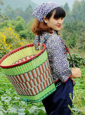 塑料背篓竹编家用道具胶背篼买菜编织藤篮子大小贵州背箩采茶竹篓