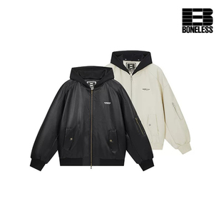 【蔡徐坤同款】BONELESS复古MA1飞行员可拆卸帽子PU皮夹克外套