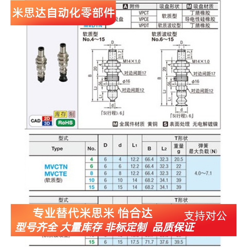 米思米MISUMI波纹吸盘MVDTN15 MVDTN6/8 MVDTN10带弹簧缓冲VPDT15