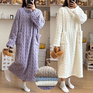 睡衣女冬季法兰绒睡裙女秋冬保暖中长款珊瑚绒可爱加厚学生韩版