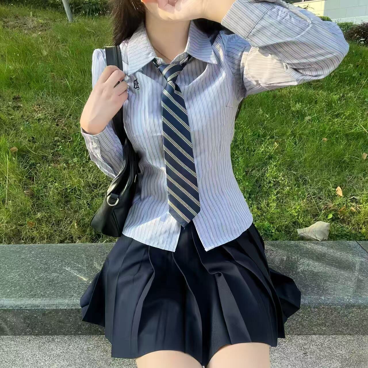 刺绣蓝色条纹JK制服衬衫收腰修身显瘦长袖校供感日系甜妹百搭女
