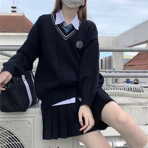 V领学院风刺绣针织衫拼接甜美