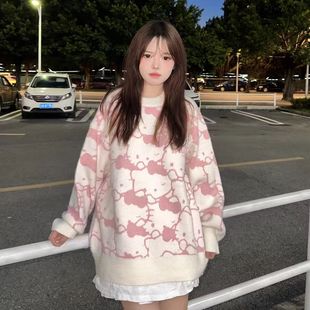 三亿少女凯蒂猫刺绣毛衣女甜美可爱卡通满印宽松圆领上衣外套慵懒
