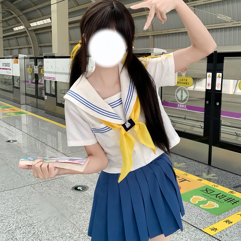 日系水手服女JK制服套装海军领白领蓝三本正统基础学生校供百褶裙