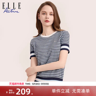 Active法式 蓝色格纹t恤运动体恤衫 短袖 新款 上衣女夏季 ELLE