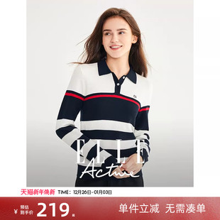 打底 显瘦长袖 ELLE Active2025春秋气质上衣女翻领条纹POLO针织衫