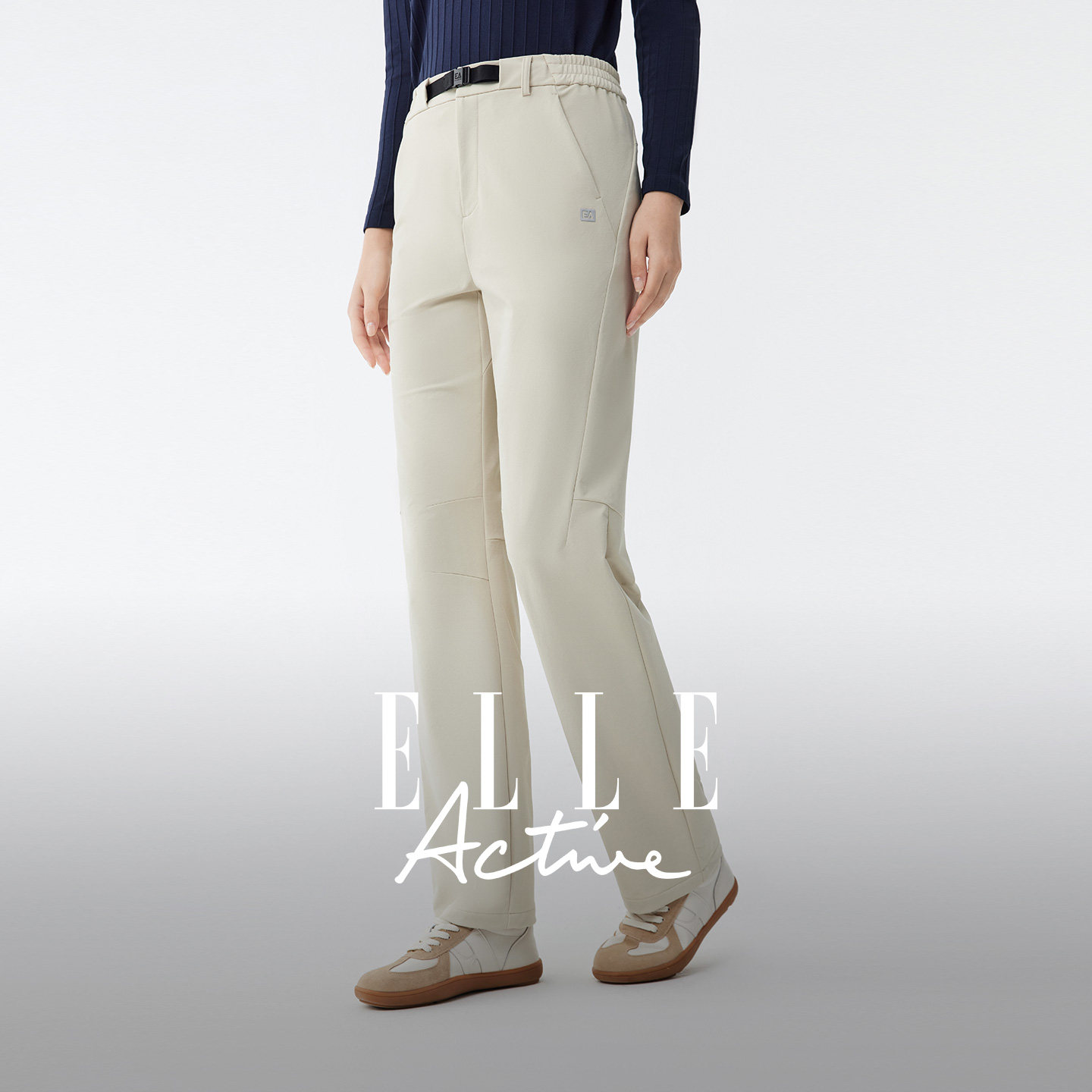 ELLE Active简约高级米白色裤子气质运动休闲裤女士显瘦直筒长裤 - ELLEACTIVE旗舰店出品