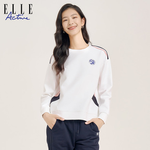 衫 ELLE Active松驰户外圆领运动卫衣女时髦撞色上衣休闲宽松长袖