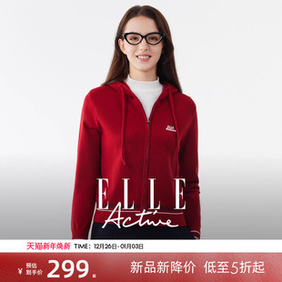 Active马年本命年红色毛衣针织开衫 ELLE 连帽外套女 含绵羊毛