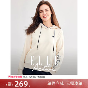 ELLE Active简约宽松套头连帽卫衣女25春秋休闲字母印花运动帽衫