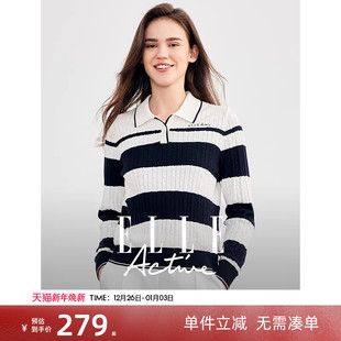 翻领套头长袖 秋冬气质POLO领条纹毛衣针织衫 上衣 Active女装 ELLE