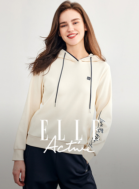 ELLE Active简约宽松套头连帽卫衣女米白色字母印花运动帽衫休闲