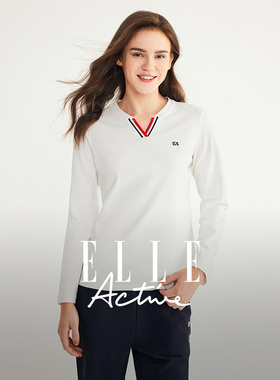 ELLE Active简约百搭显瘦V领t恤打底衫女春秋新款长袖上衣可单穿