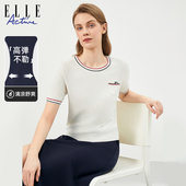 Active2026春夏新款 绞花撞色针织短袖 衫 ELLE 透气修身 螺纹圆领T恤