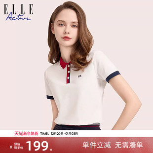 气质短袖 花边翻领白色t恤女新款 上衣 Active户外运动polo衫 ELLE