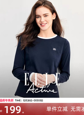 ELLE Active修身长袖t恤女秋季显瘦运动上衣圆领宽松假两件打底衫