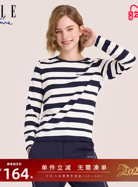 ELLE Active航海系穿搭长袖t恤女春秋新款内搭上衣纯棉条纹打底衫
