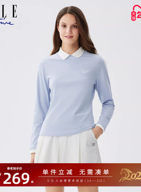 ELLE Active高智穿搭户外休闲浅蓝色长袖t恤女高尔夫运动翻领上衣