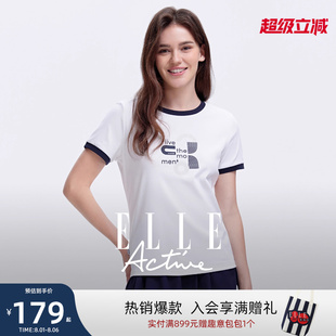 上衣 艺术感玻璃珠印花 ELLE Active知识分子简约白t恤质感短袖