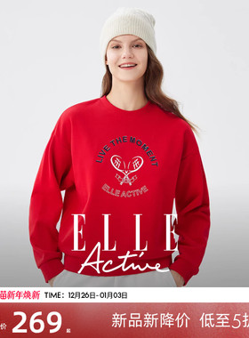 【100%棉】ELLE Active本命年红色运动卫衣套头衫艺术印花上衣